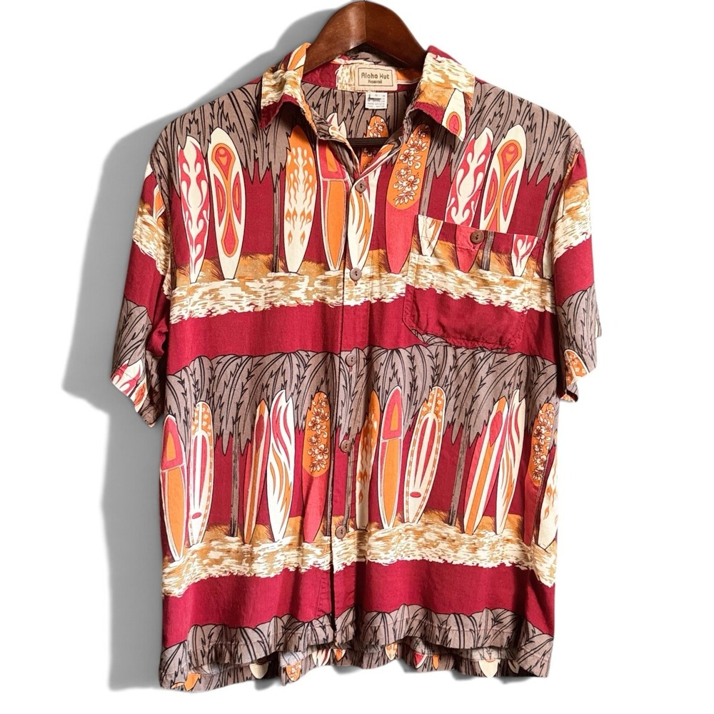 Aloha Hut Hawaii Mens Small Rayon Surfboard Shirt Button Up Skater‎ Tiki Luau